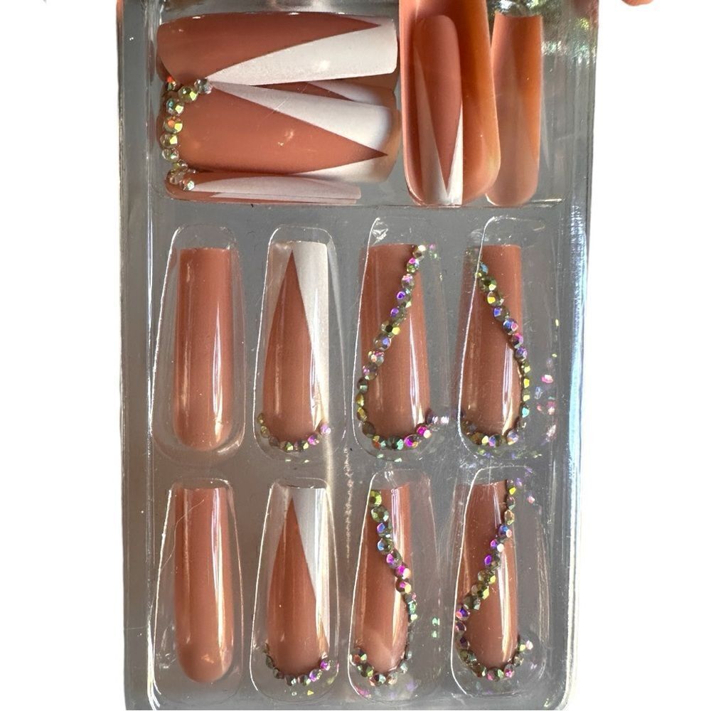 Glossy Coffin French Nude Ballerina PressOn Nails & Crystal Embell…